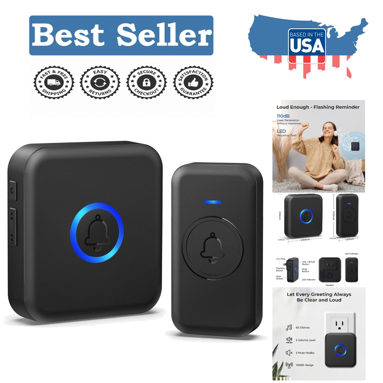 Waterproof Wireless Doorbell with 60 Chimes and Adjustable Volume - Easy Install