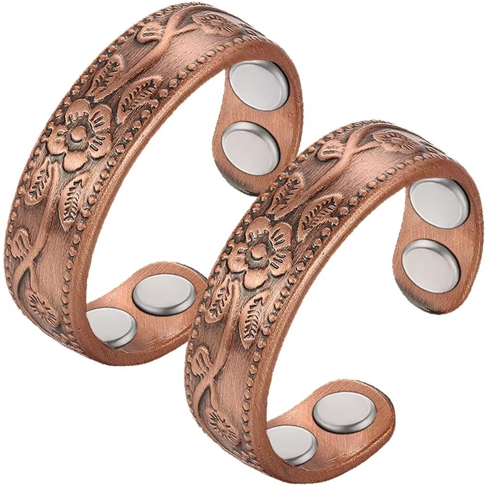 2 Pack Pure Copper Magnetic Ring 4pcs magnets Therapy Adjustable Rings Flower