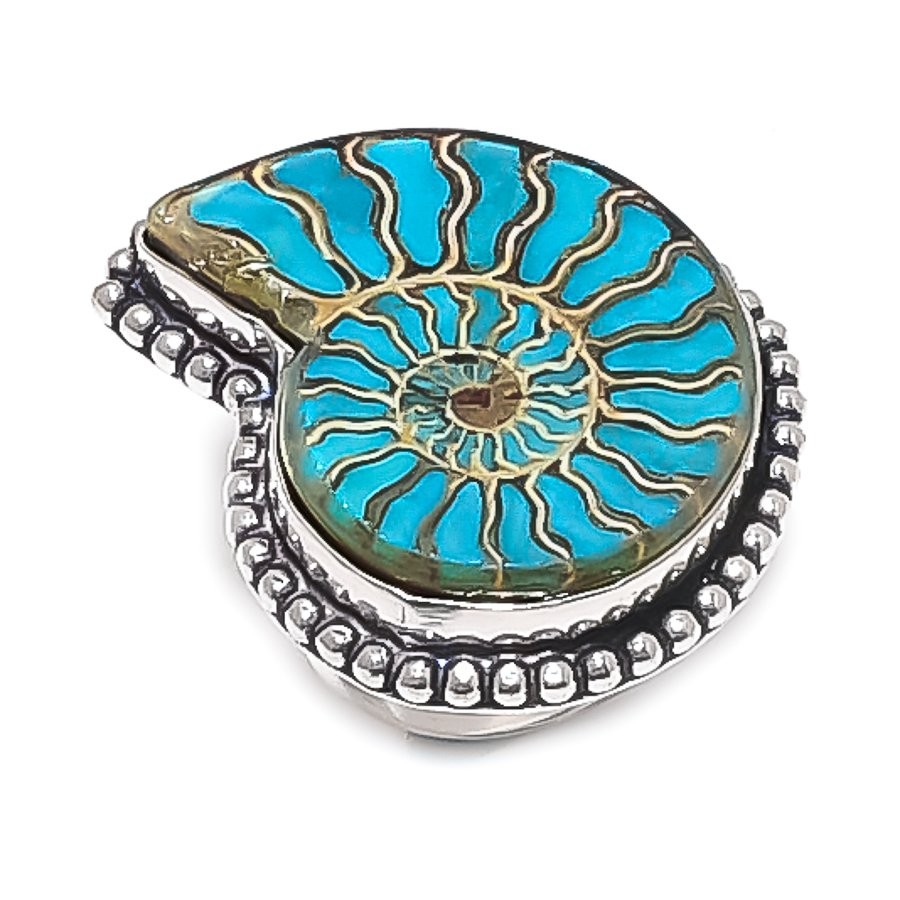 Ammonite Fossil Gemstone Handmade 925 Sterling Silver Jewelry Ring Size 7 T603