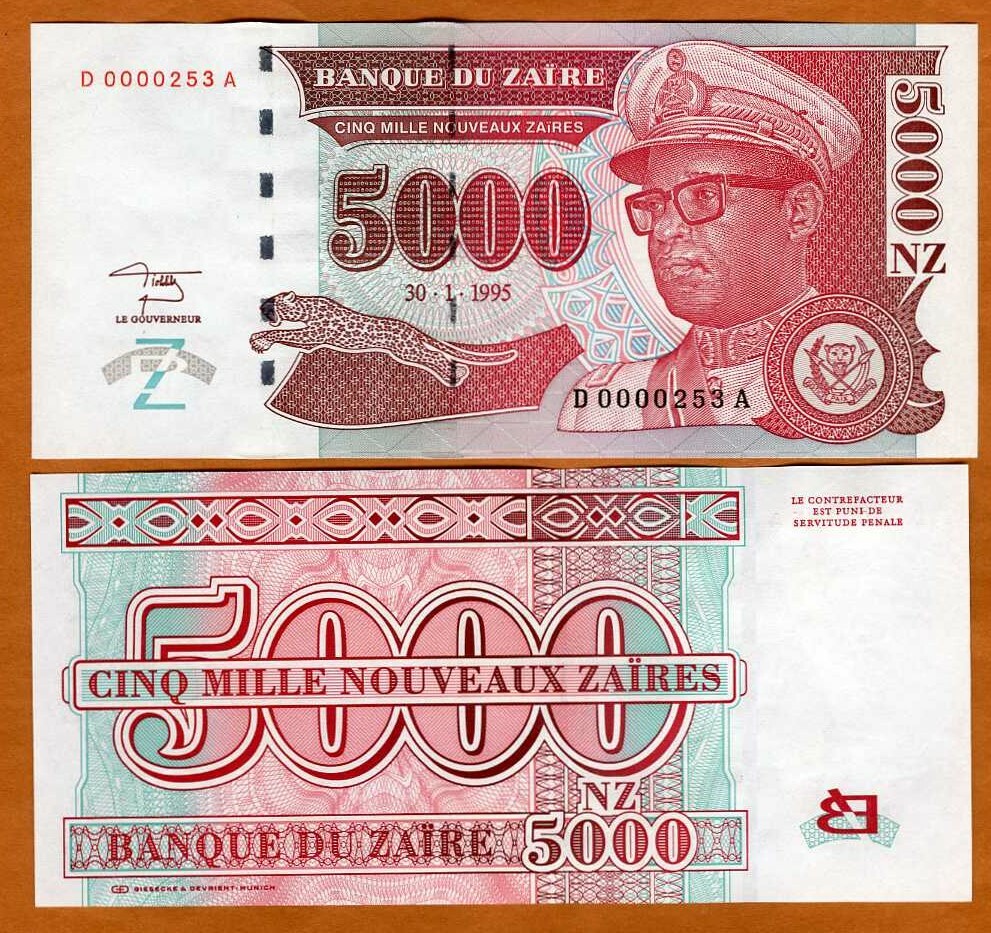 Zaire, 5,000 (5000) Nouveaux Zaires, 1995, P-68, UNC