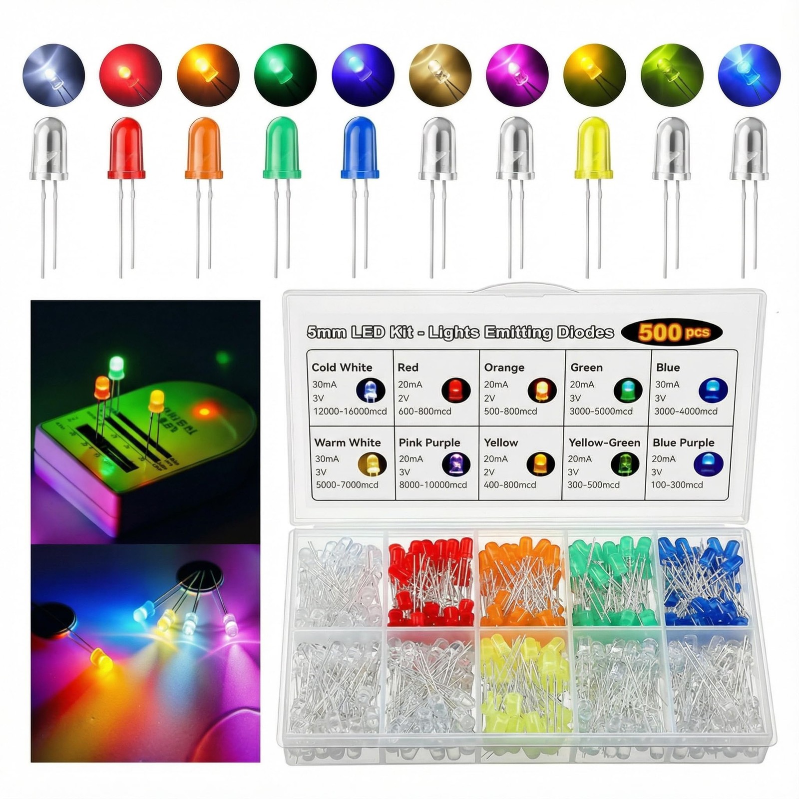 10 Colors 500 Pcs 5mm LED Lights Emitting Diodes Assored Kit Pack - Variety C...
