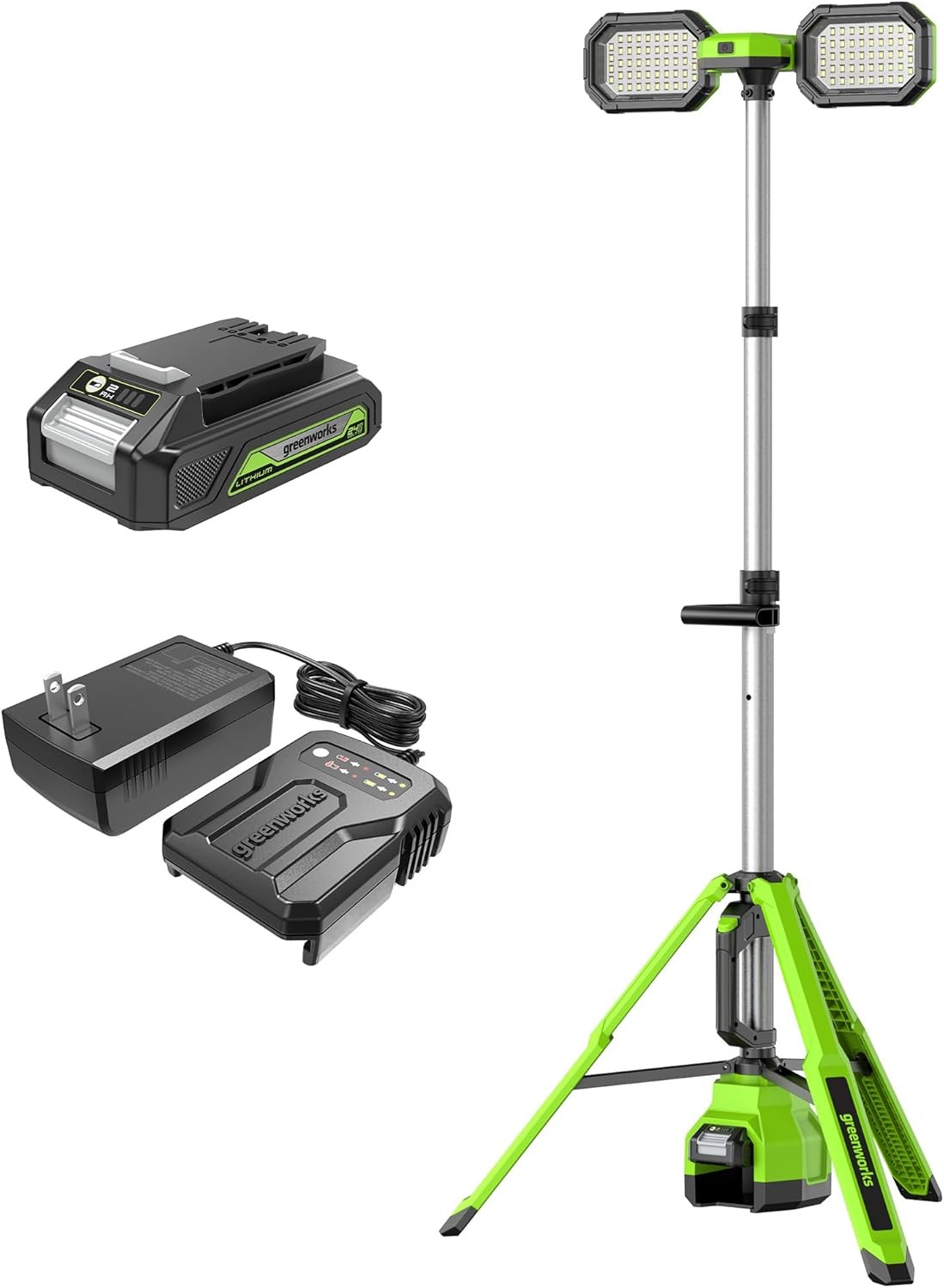 Greenworks 24V 3000 Lumen Hybrid (AC/DC) LED Dual Head Work Light, Dual Power To