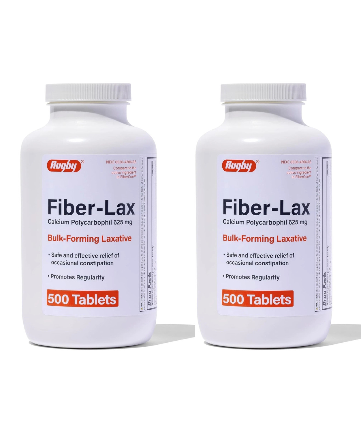 Rugby Fiber-Lax 625mg 500 Tablets 2 Pack (1000 Ct) Compare to FiberCon