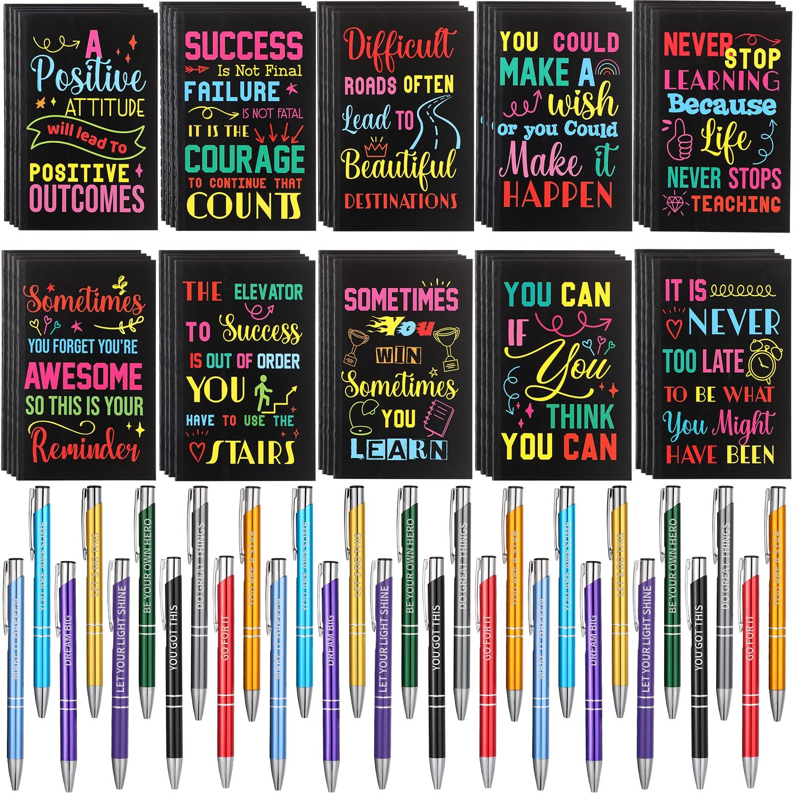Sabary 100 Pcs Inspirational Notepads Ballpoint Pens Sets Mini Motivational Pock