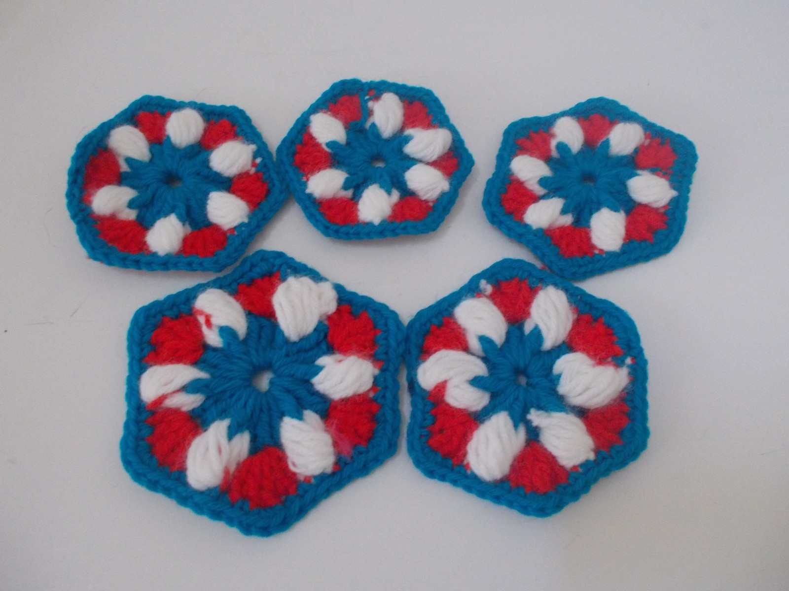 VTG Handmade Lot of 5 Red White Blue Crochet Hexagon Shape Blanket Pieces