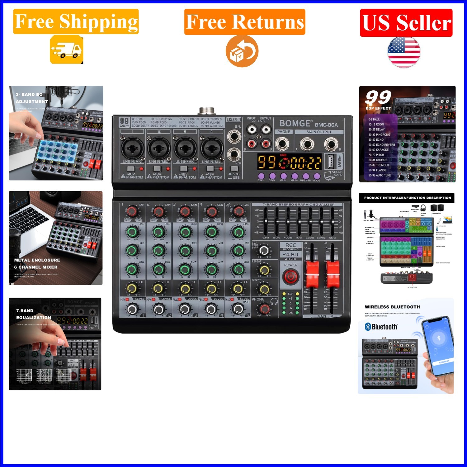06A 6-Channel DJ Audio Mixer with Bluetooth, DSP Effects, 7-Band EQ