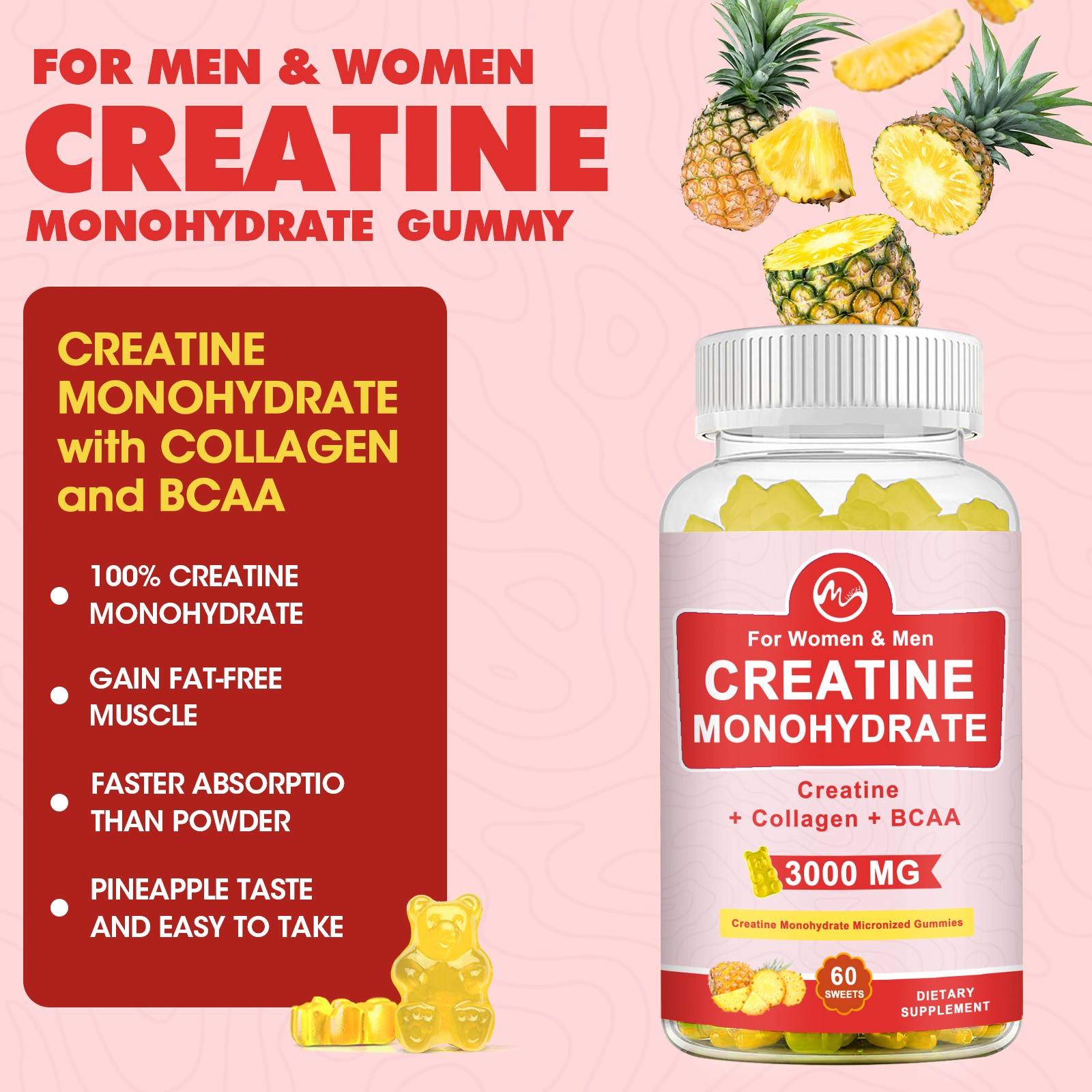 Creatine Monohydrate Gummies Increase Strength Muscle Gain 60ct