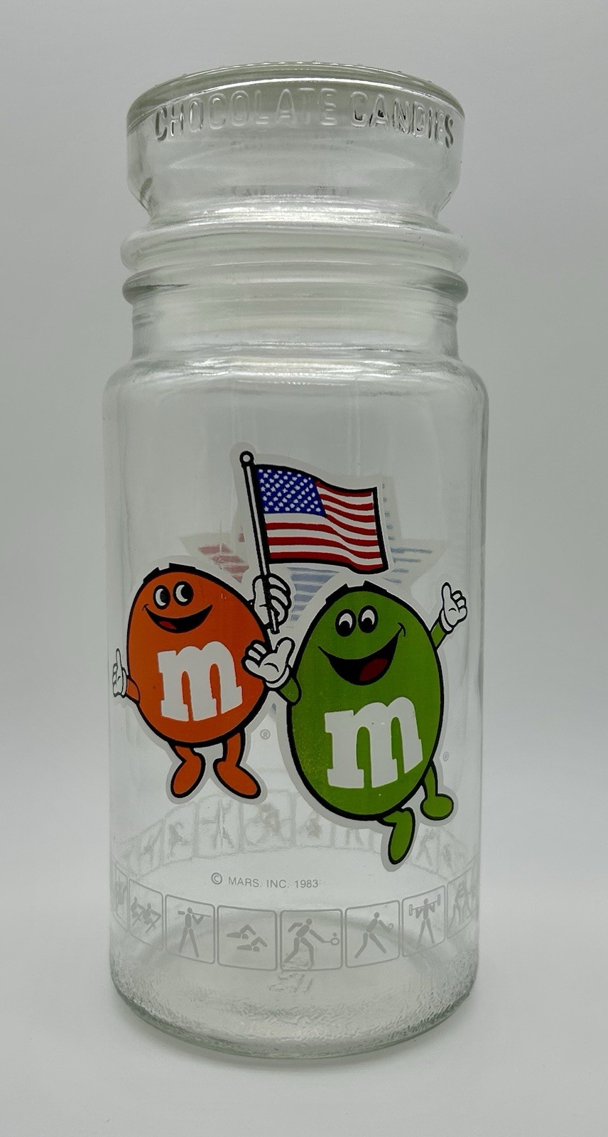 Vintage M&M's Glass Canister Candy Jar 1984 Olympics Los Angeles CA USA 8 Inch