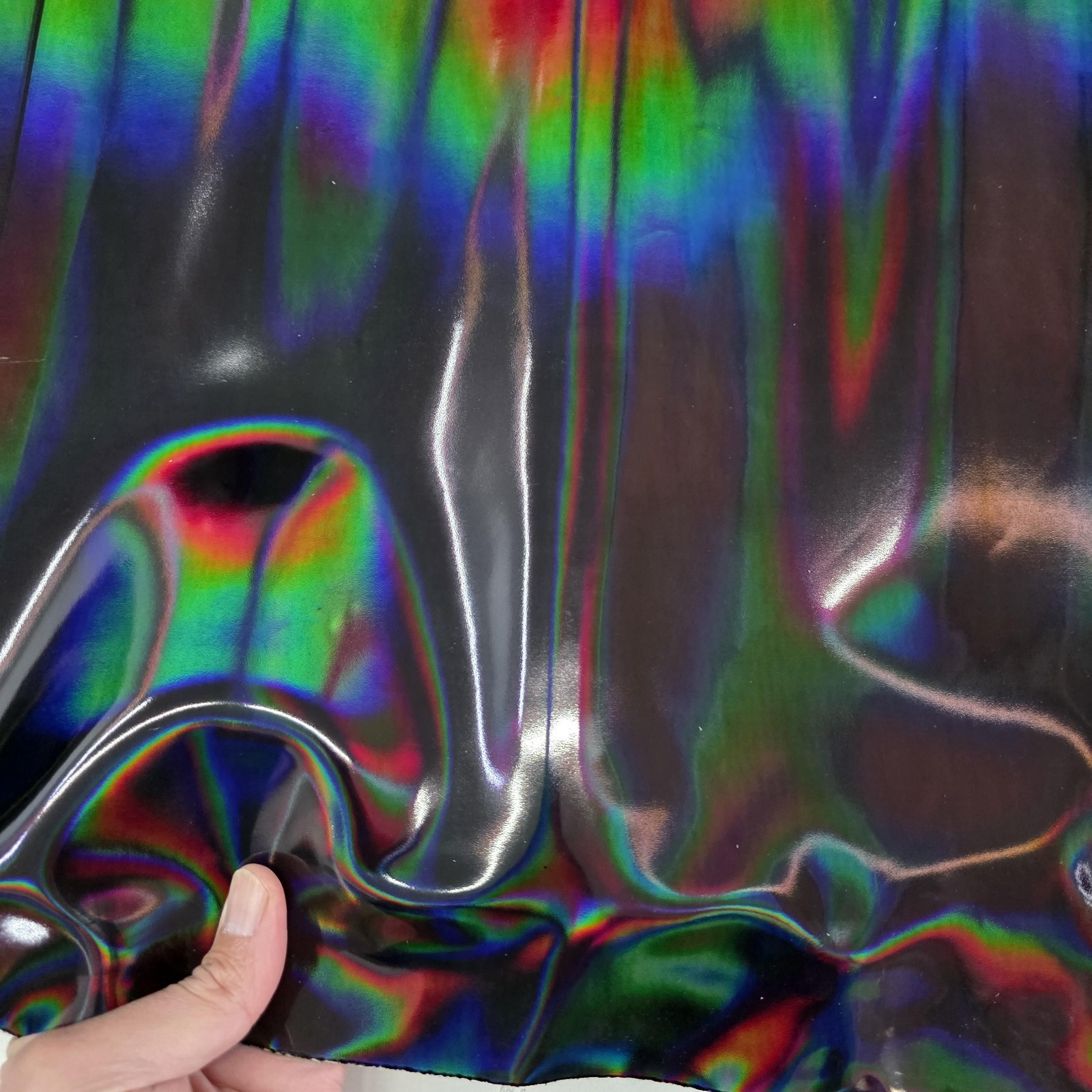 Color Black Iridescent Cow Patent Leather: Holographic Rainbow Glossy Metallic