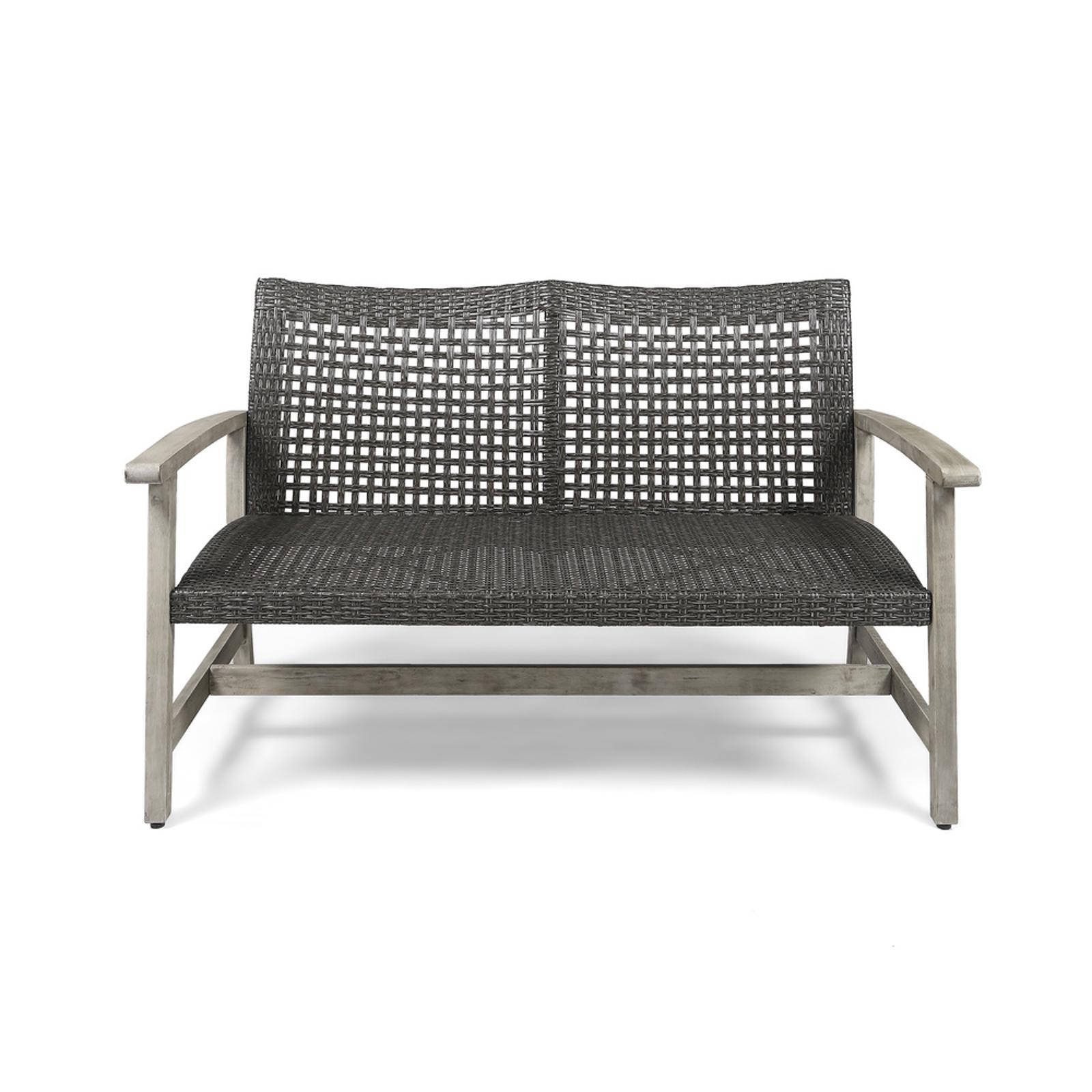 Handwoven Wicker + Acacia Wood Loveseat with Iron Accents