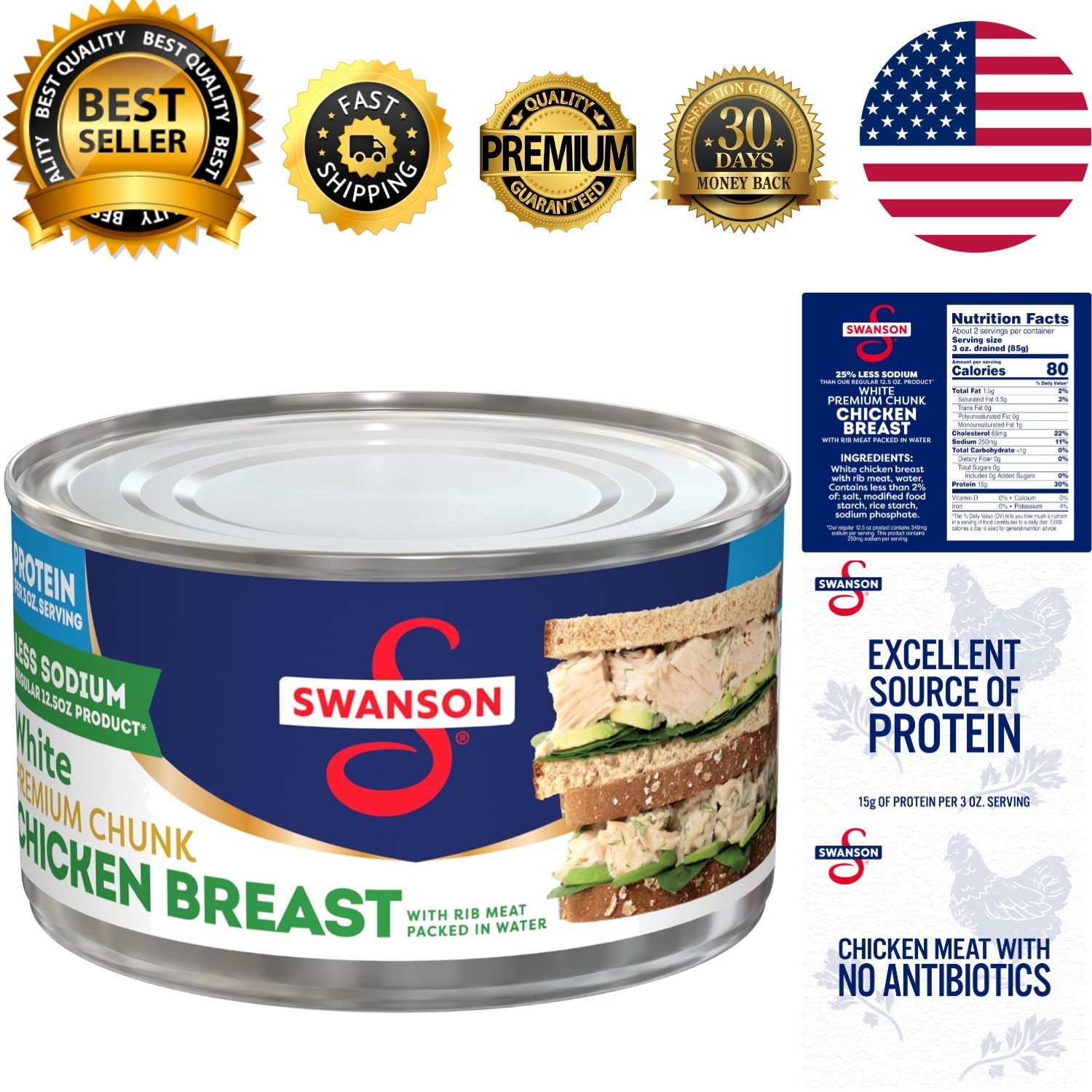 Versatile Swanson 12.5 OZ Canned Chicken - 25% Less Sodium, Gluten-Free Goodness