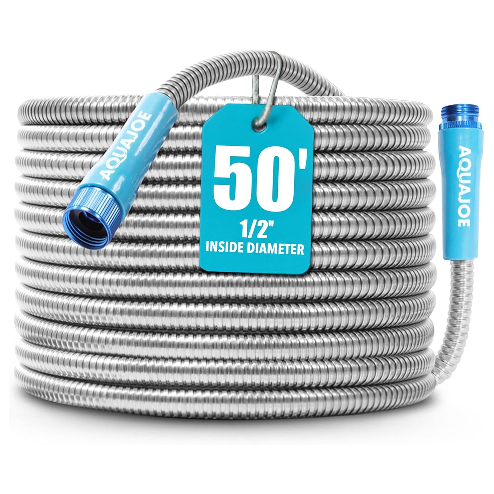 Aqua Joe 50 Ft Heavy Duty Stainless Steel Garden Hose, 1/2" Diameter, AJSGH50