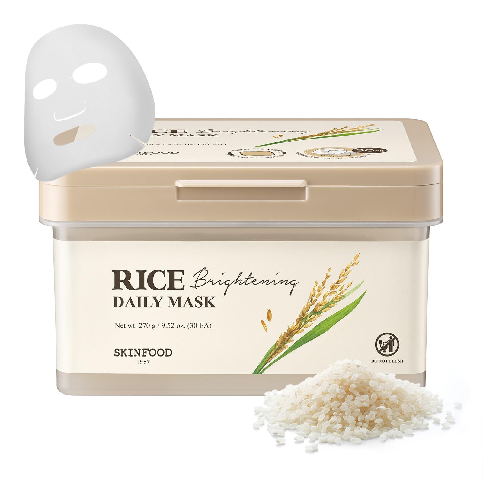 SKINFOOD Rice Daily Sheet Mask, 5-Minute Firming, Nourishing, Hydrating Face Mas