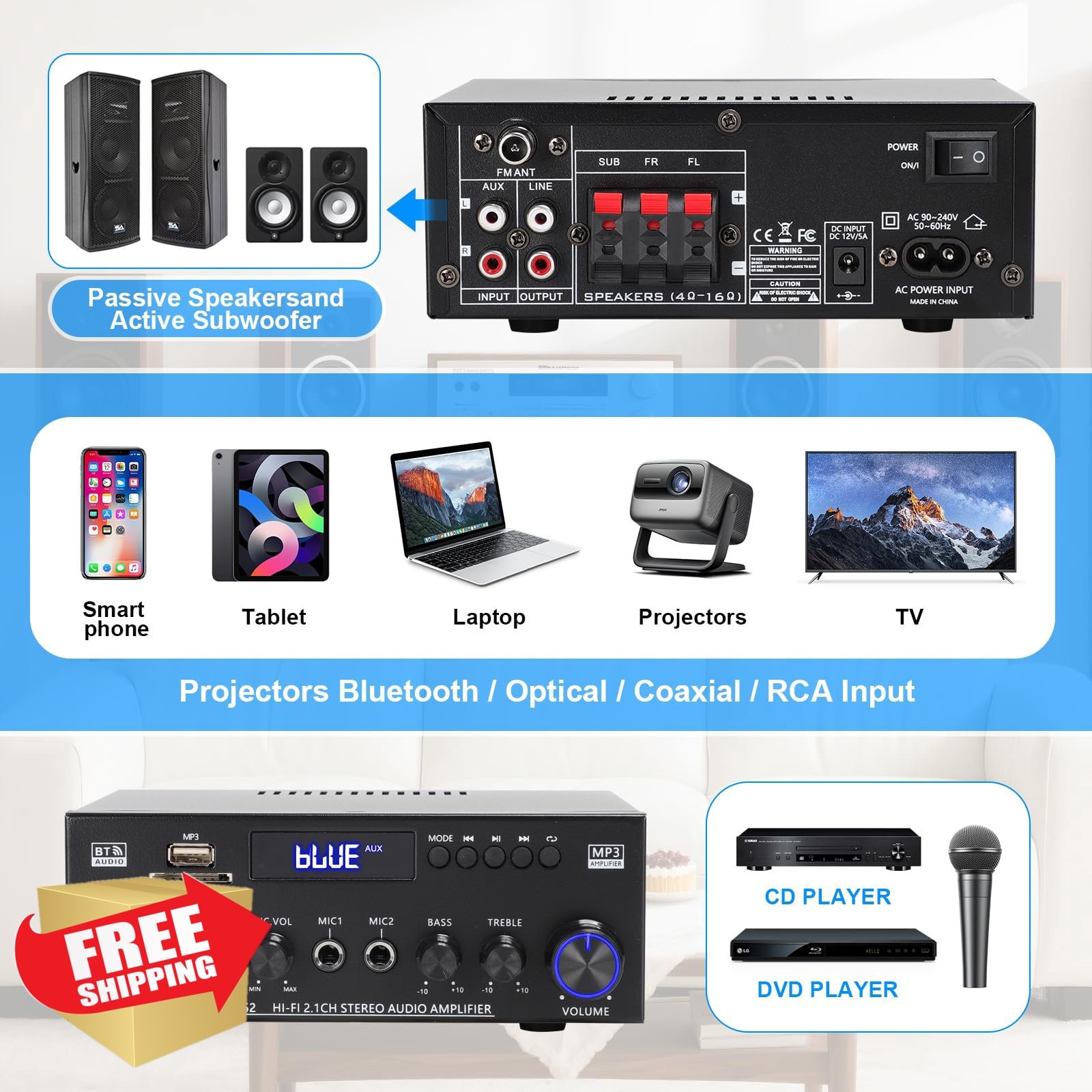 Joengoep AK52 2.1 Bluetooth Amp Sub Out FM USB MIC