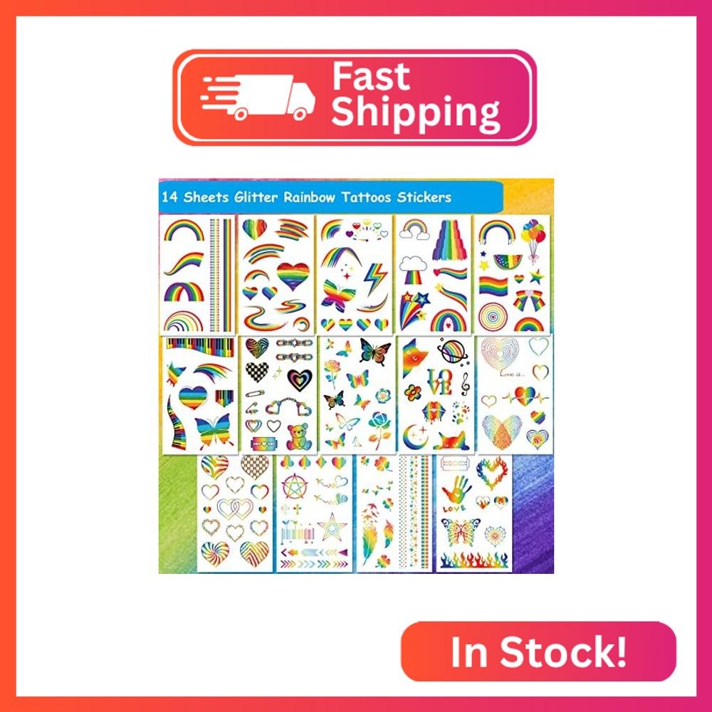 CHARLENT Glitter Rainbow Temporary Tattoos - 140 PCS