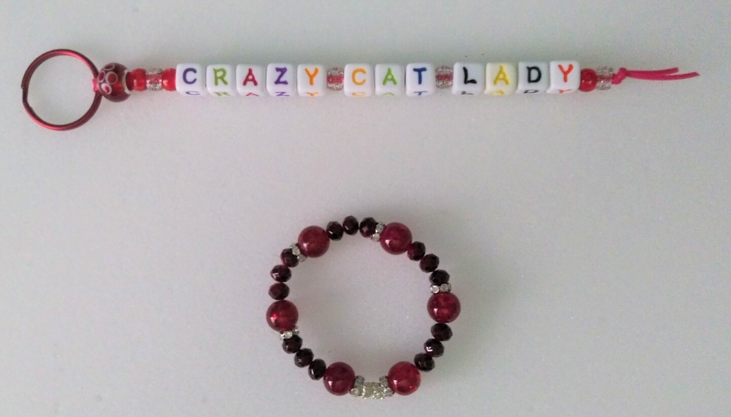 Whimsical Beaded Bracelet and Key Ring Combo - Crazy Cat Lady - One Of A Kind