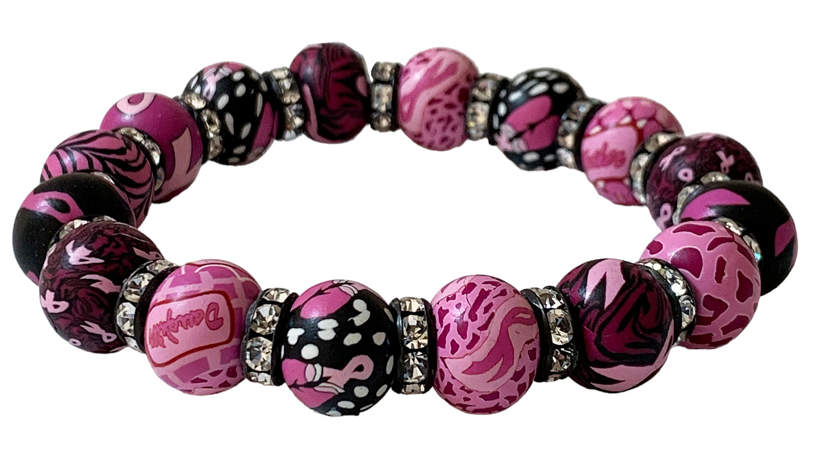 Pink Ribbon Stretch Hand Rolled Clay Bead Bracelet w/Crystals SZ Small (50% Off)