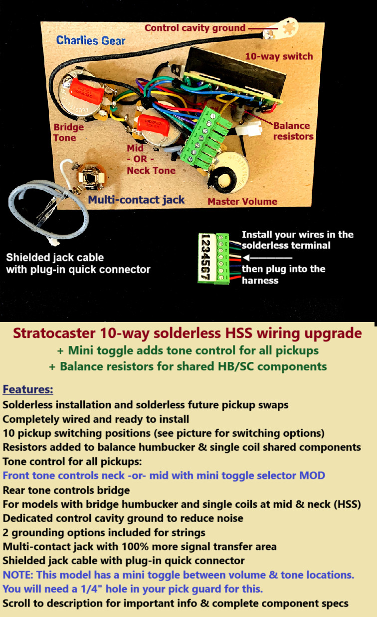 Strat Solderless HSS Wiring Upgrade +10- way+Mini-toggle+HB/SC-Balance resistors
