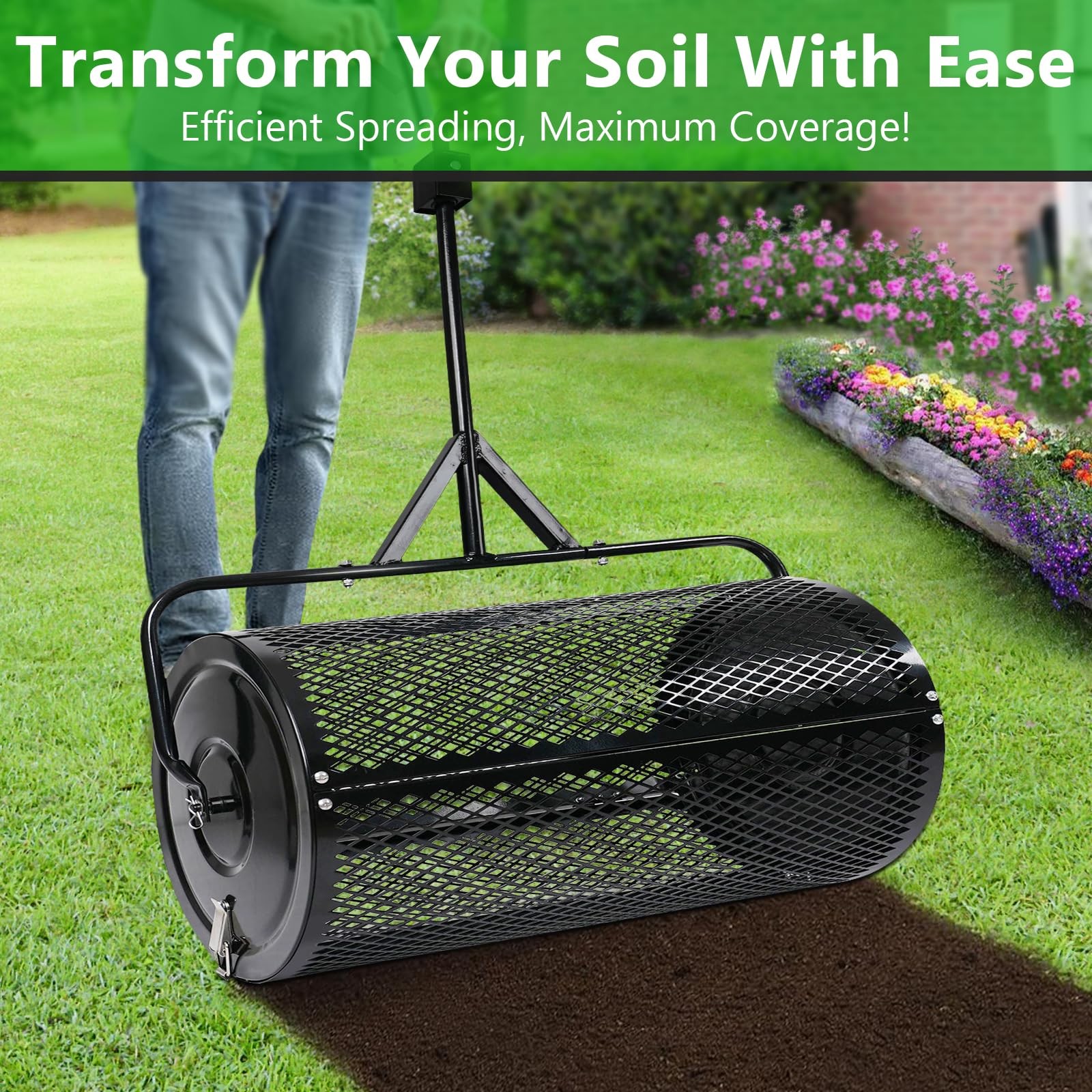 Compost Spreader 44 Inch Push/Tow Peat Moss with 44 Inch, BLACK