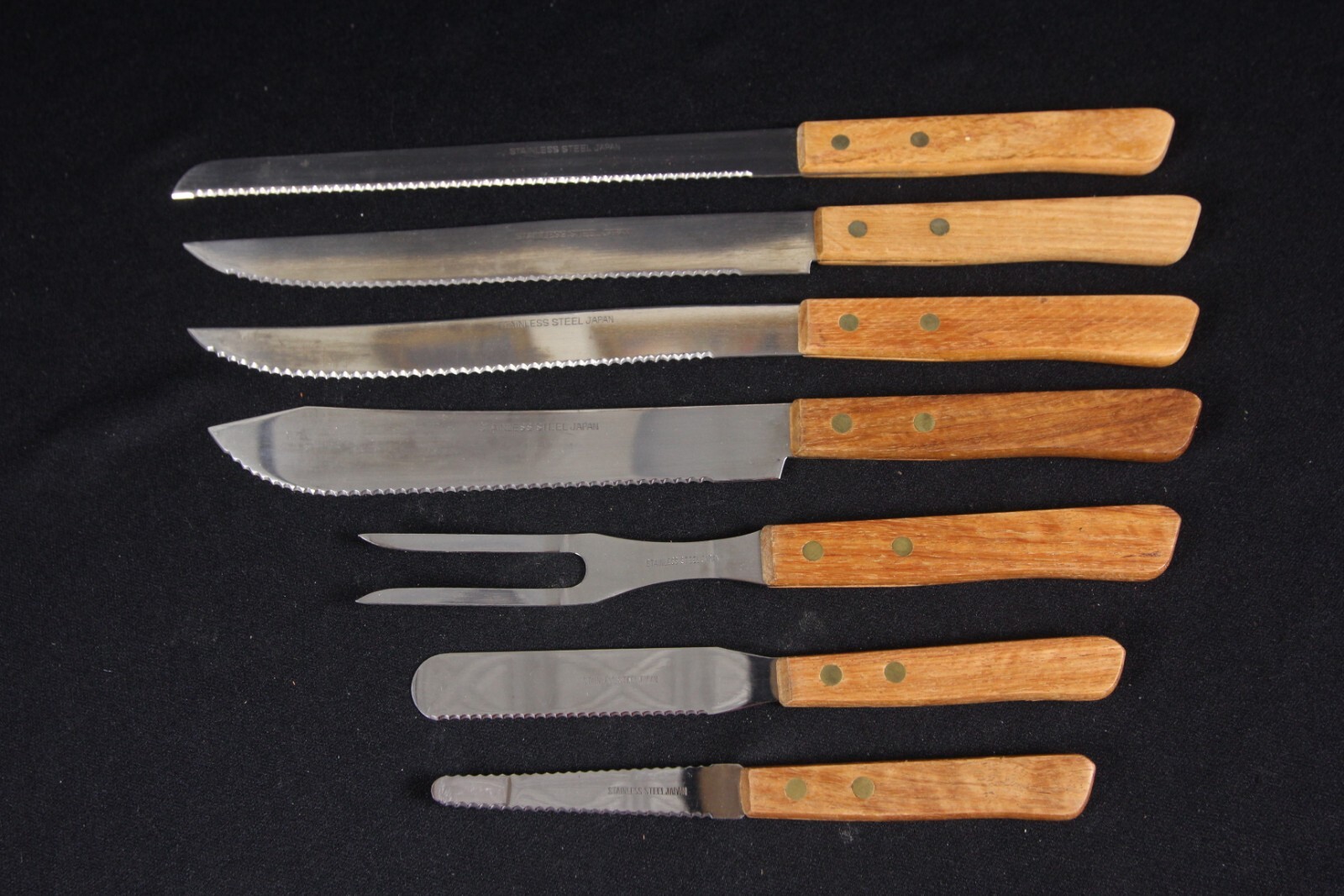 Knife Carving Set Of 7 Knives Stainless Steel Japan Wood Handle Brass Rivets