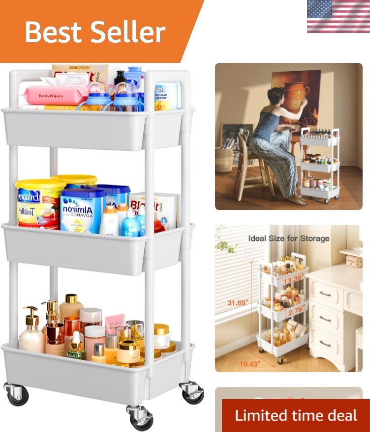 3 Tier Rolling Cart Organizer, Plastic Rolling Cart with Lockable Wheels & Re...