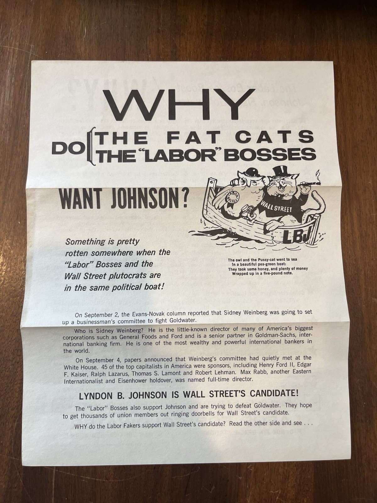 Labor For Goldwater Flyer 1964 Why Do The Fat Cats Want Johnson?
