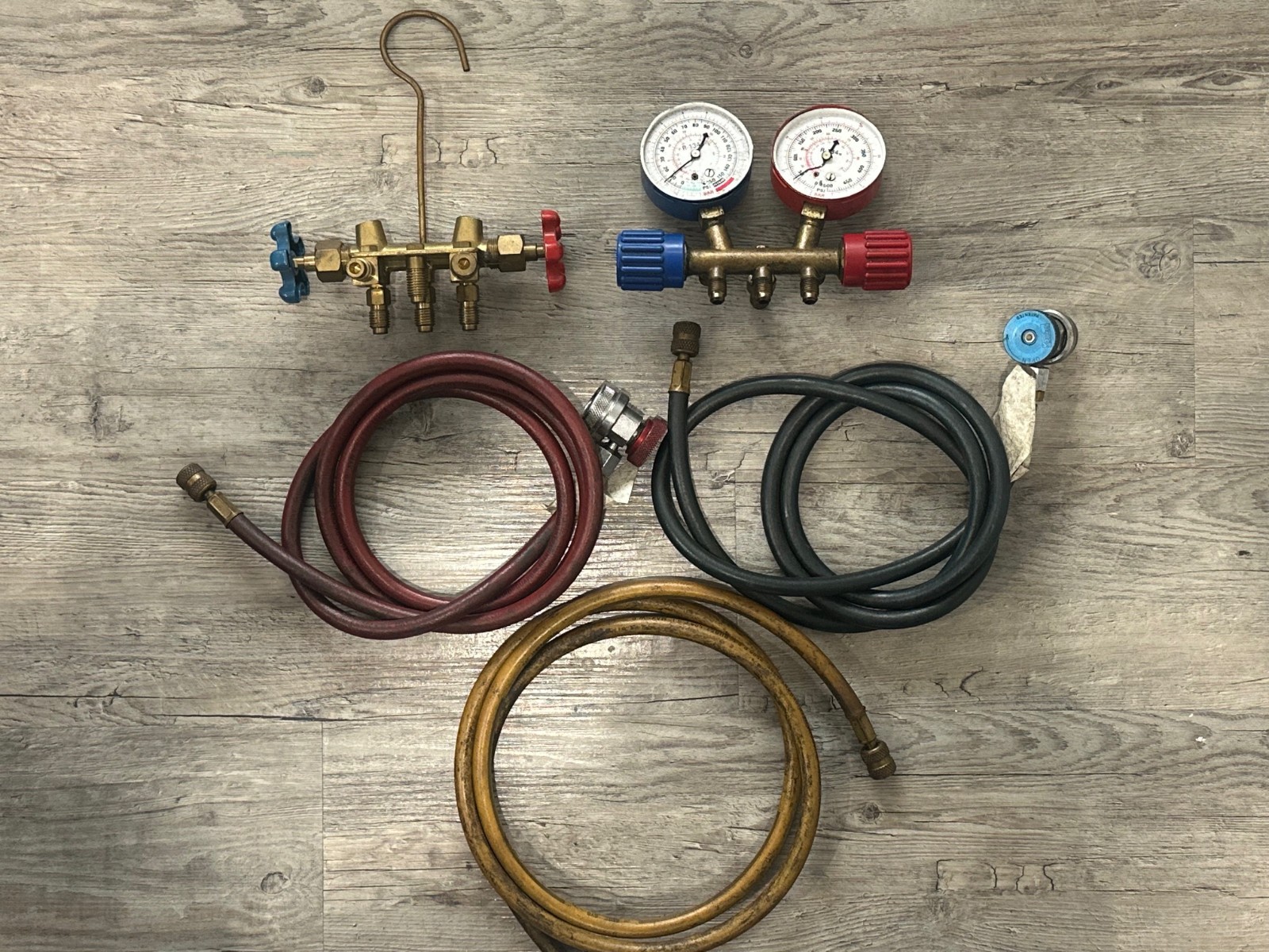 Vintage BRASS HVAC Manifold Gauge Set with Parker Hoses & Mixed Components