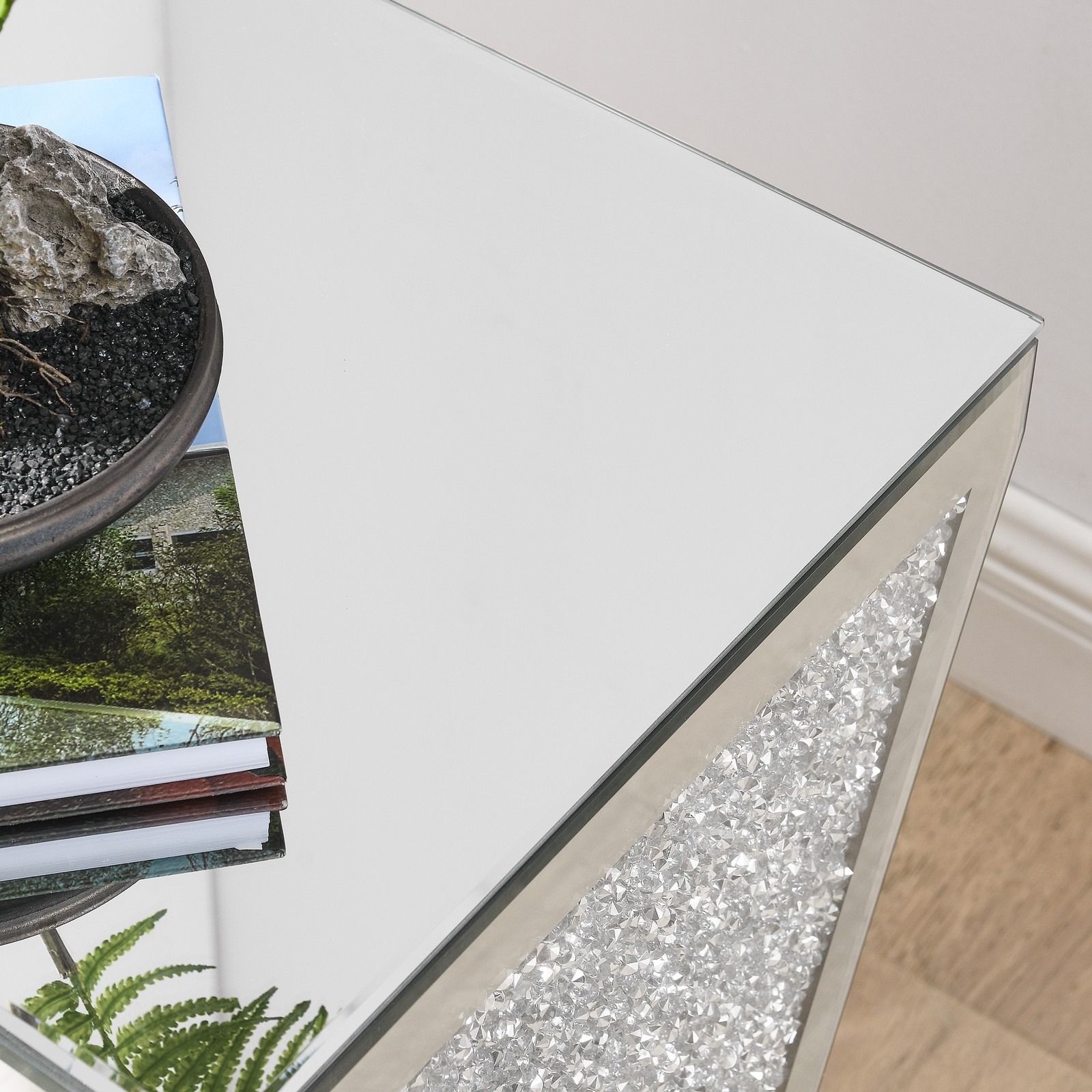 Inverted triangular mirror square table, crystal diamond inlaid coffee table, si