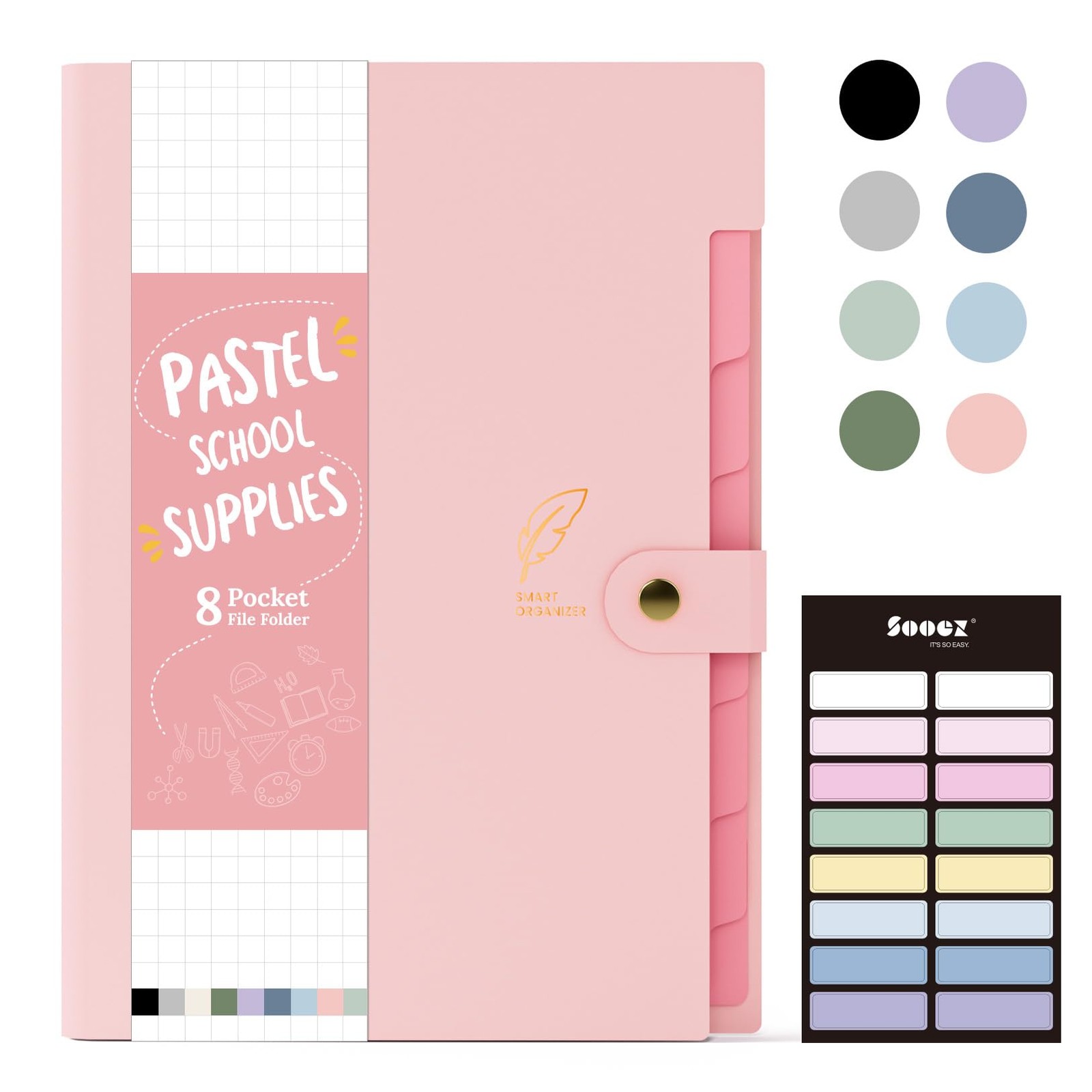 Sooez Aesthetic 8 Pocket Accordion File Organizer, Pastels Expanding Pink