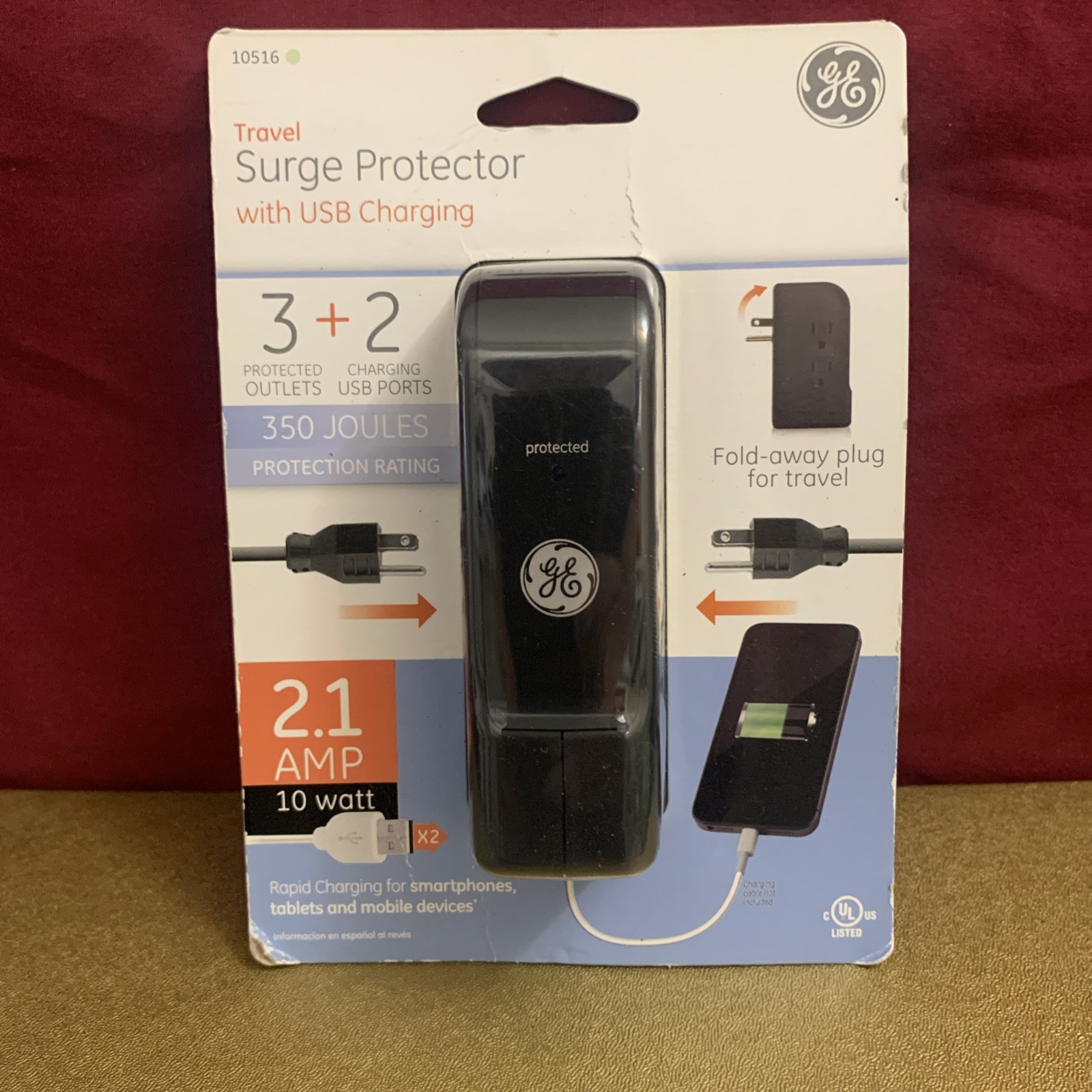 GE 10516 3 + 2 Travel Surge Protector 350 Joules with USB ports  NEW