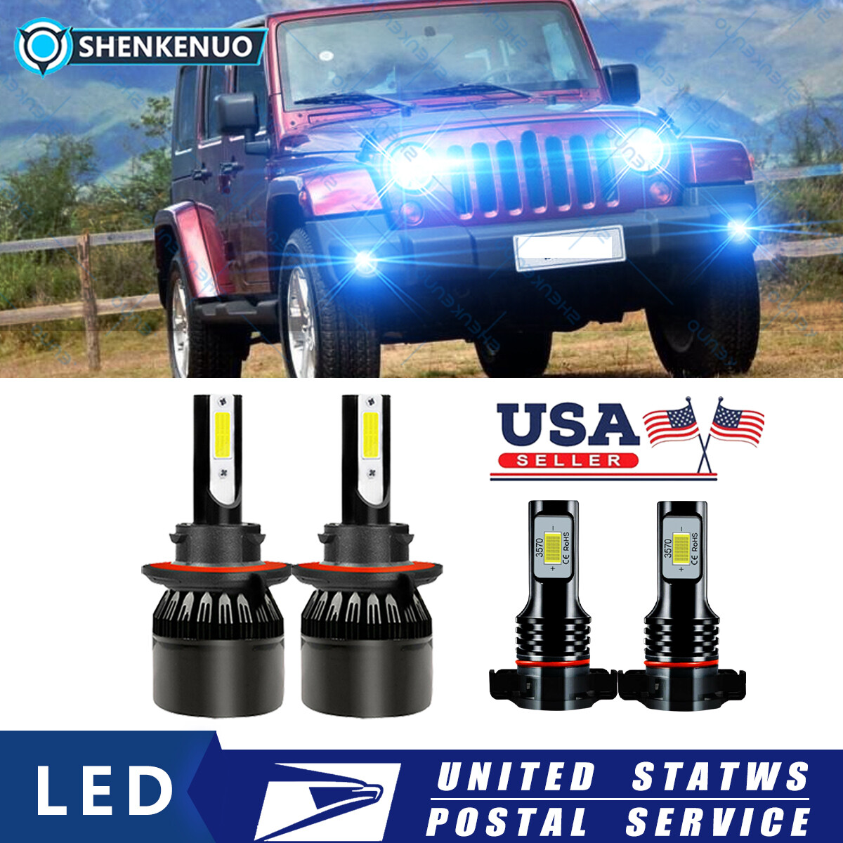 For Jeep Wrangler 2010-2020 LED Headlight Hi/Low Beam + Fog Light 8000K Blue 4x