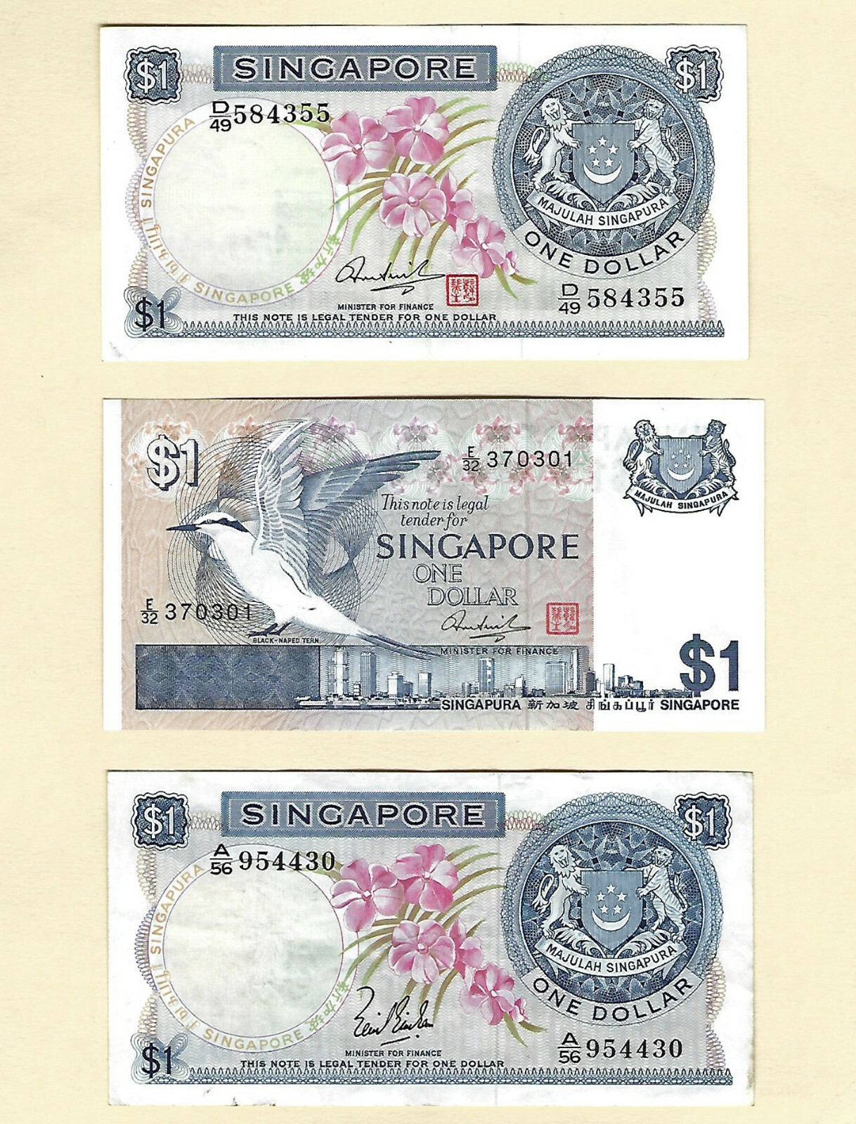 Three Singapore One Dollar Banknotes 3 Piece Lot Orchids Dove Better Grade Asia