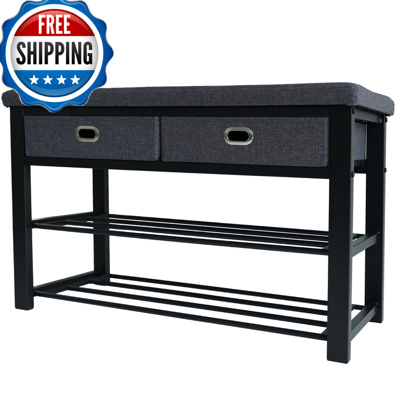 Finnhomy Entryway Shoe Rack Cushioned Seat Shoe Bench For Entry 3-Tier Shoe