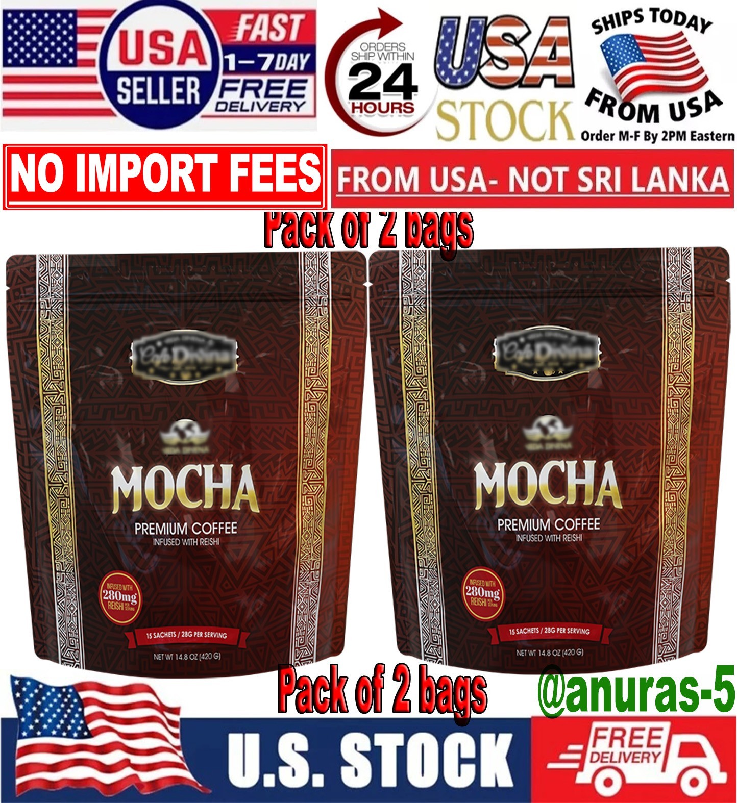 CAFE DlVlNA Mocha Coffee Reishi Infused Instant Latte 30 Sachets (2 bags) -New🔥