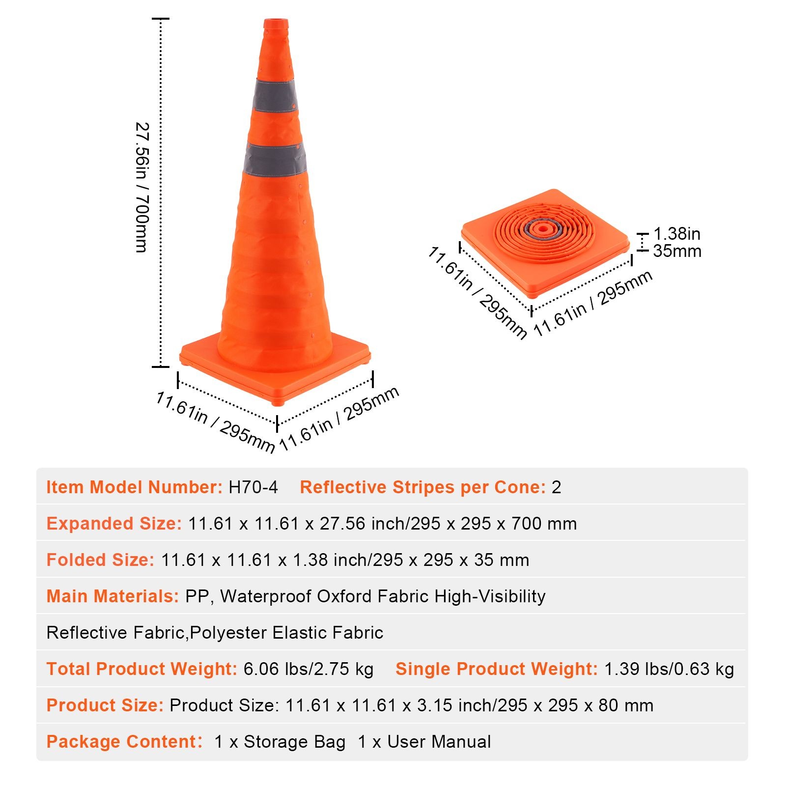 Collapsible 28in Safety Cones 4 Pack Reflective Storage Bag