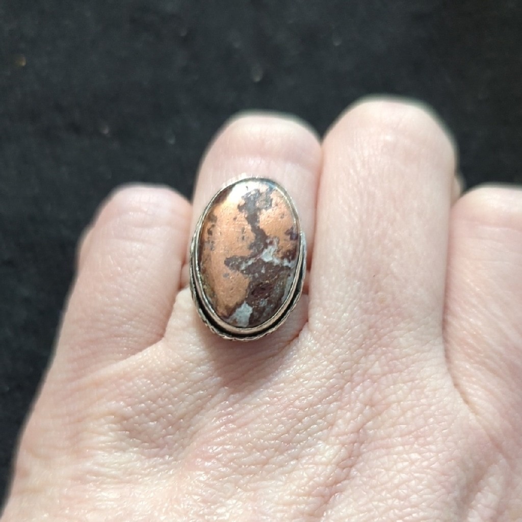 Silver Tone Brown Cream Cobra Jasper Gemstone Oval Statement Ring - size 8