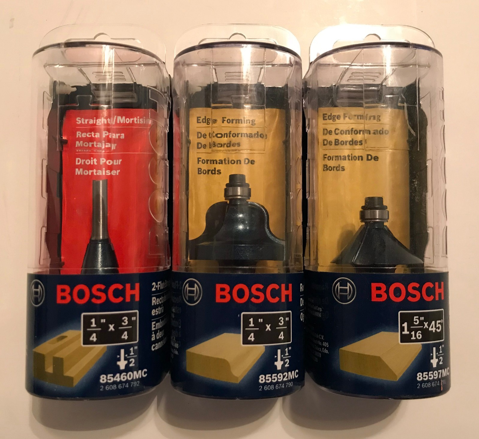 3 PC LOT BOSCH ROUTER BITS STRAIGHT OGEE CHAMFER 85460MC 85592MC 85597MC 1/2" SH