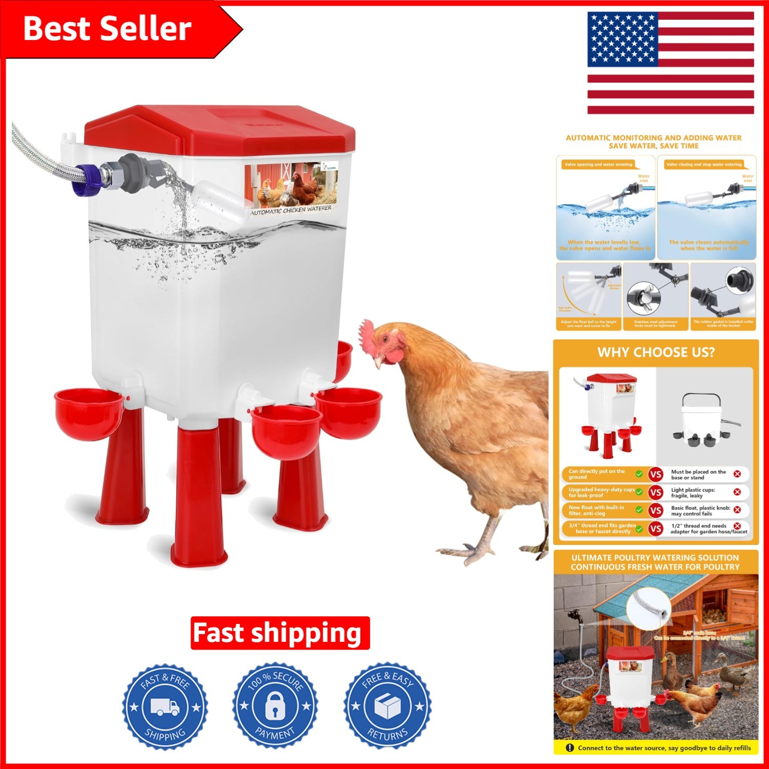 Gravity-Fed Automatic Chicken Watering System - Leak-Proof Design, Eco-Friendly