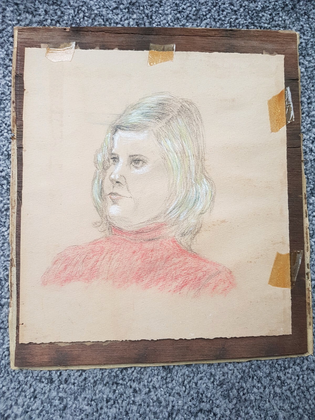 YOUNG GIRL CHARCOAL AND CHALK NICE VINTAGE DRAWING MONOGRAMMED FF (???) DATED 76