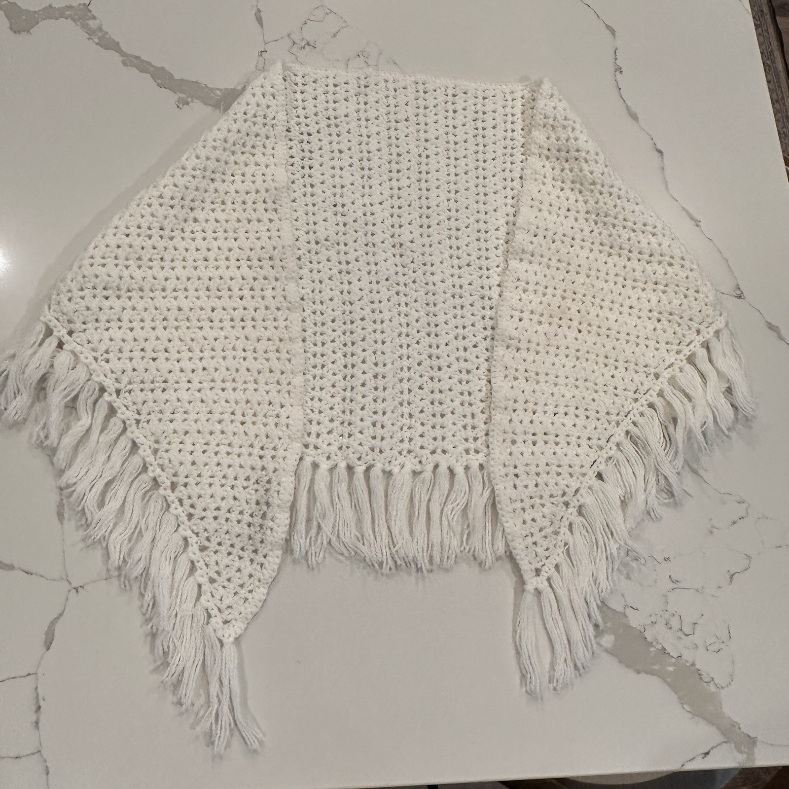 Handmade White Crochet Shawl Wrap With Tassels One Size Granny Cottage Boho