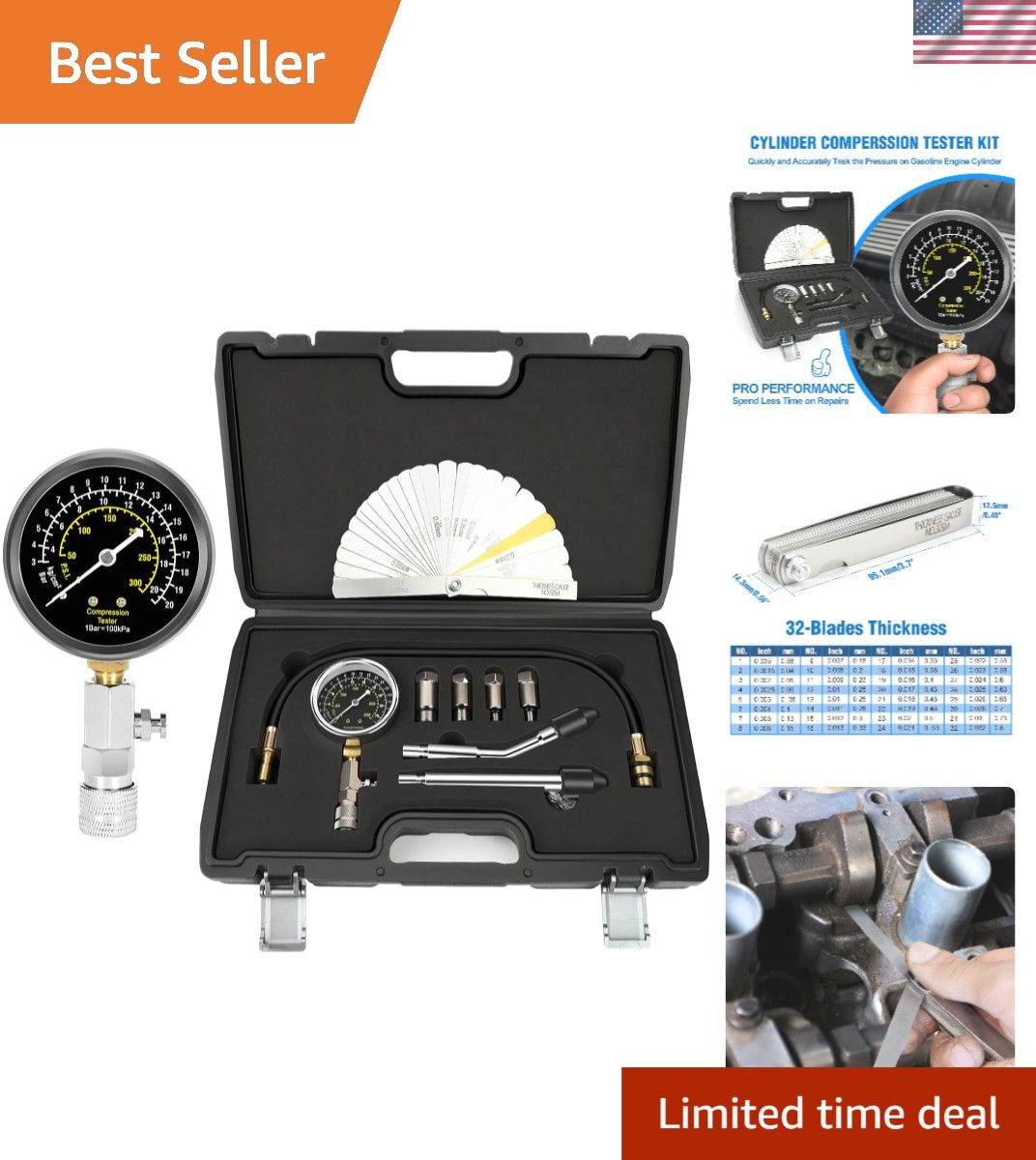 Efficient Engine Compression Tester Kit - Triple Range Pressure Gauge Included