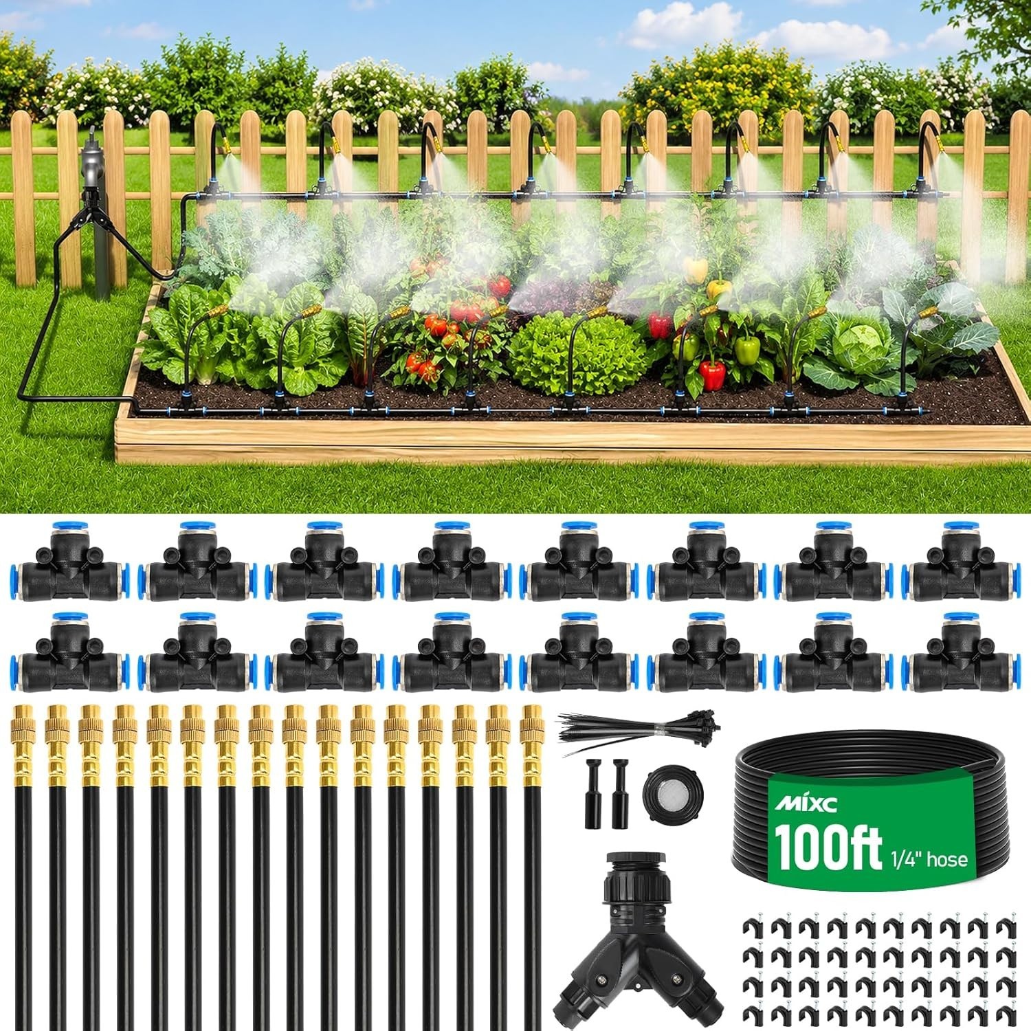 Complete 100FT Garden Drip Irrigation Kit with Nozzles for Efficient Watering