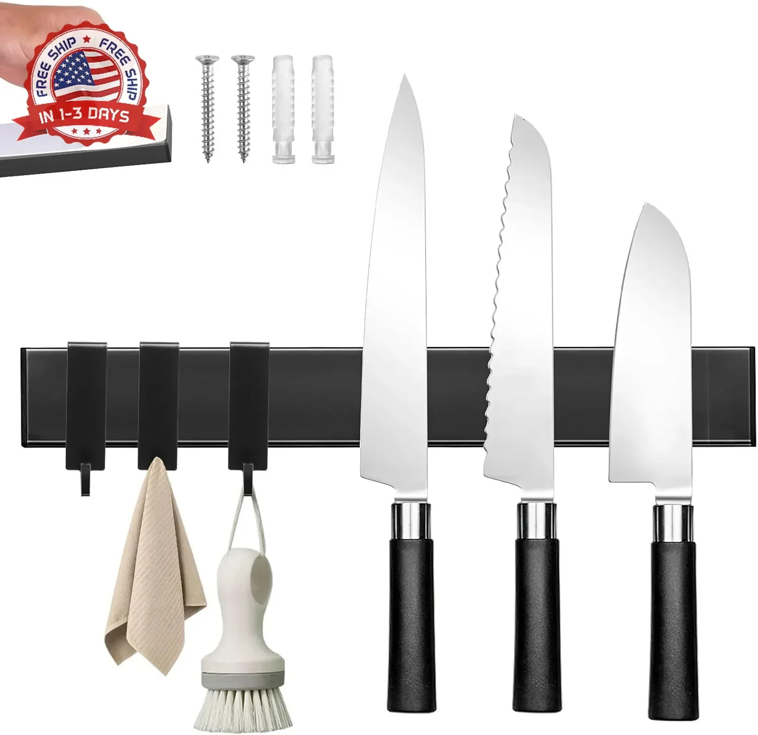 Magnetic Knife Holder for Wall with 3 Hooks, No Drilling Magnetic Knife Strip Ad