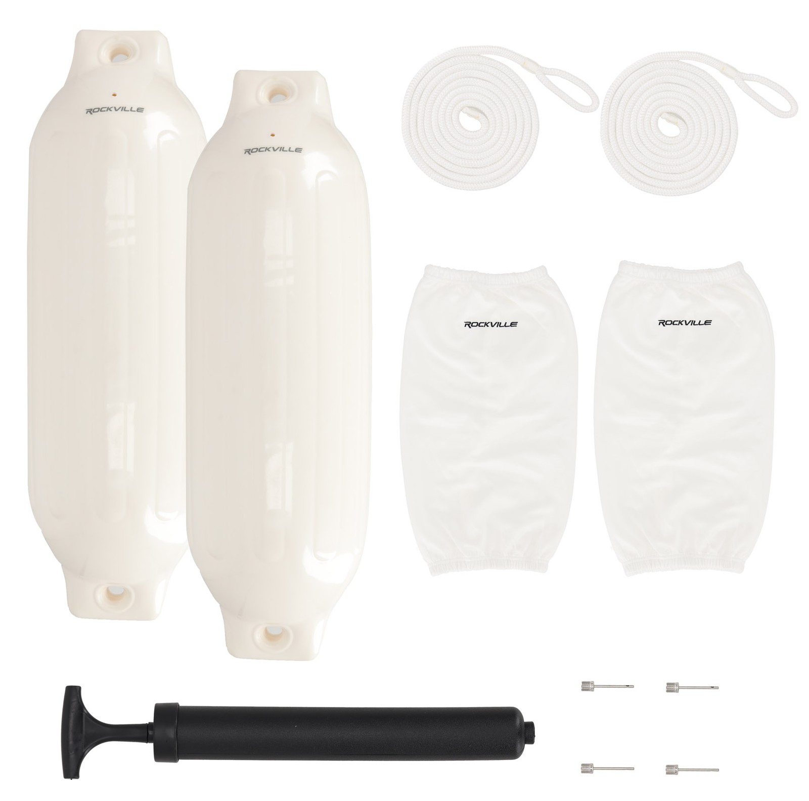 Rockville FEN285-WHITE Boat Fender Package 2 Bumpers 8.5"x27", 2 Covers, 2 Lines