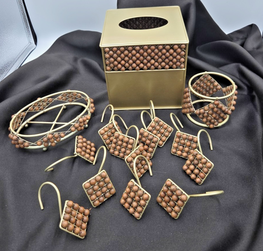 Wood Beaded Gold Toned 15 Pc Bathroom Accessory Set