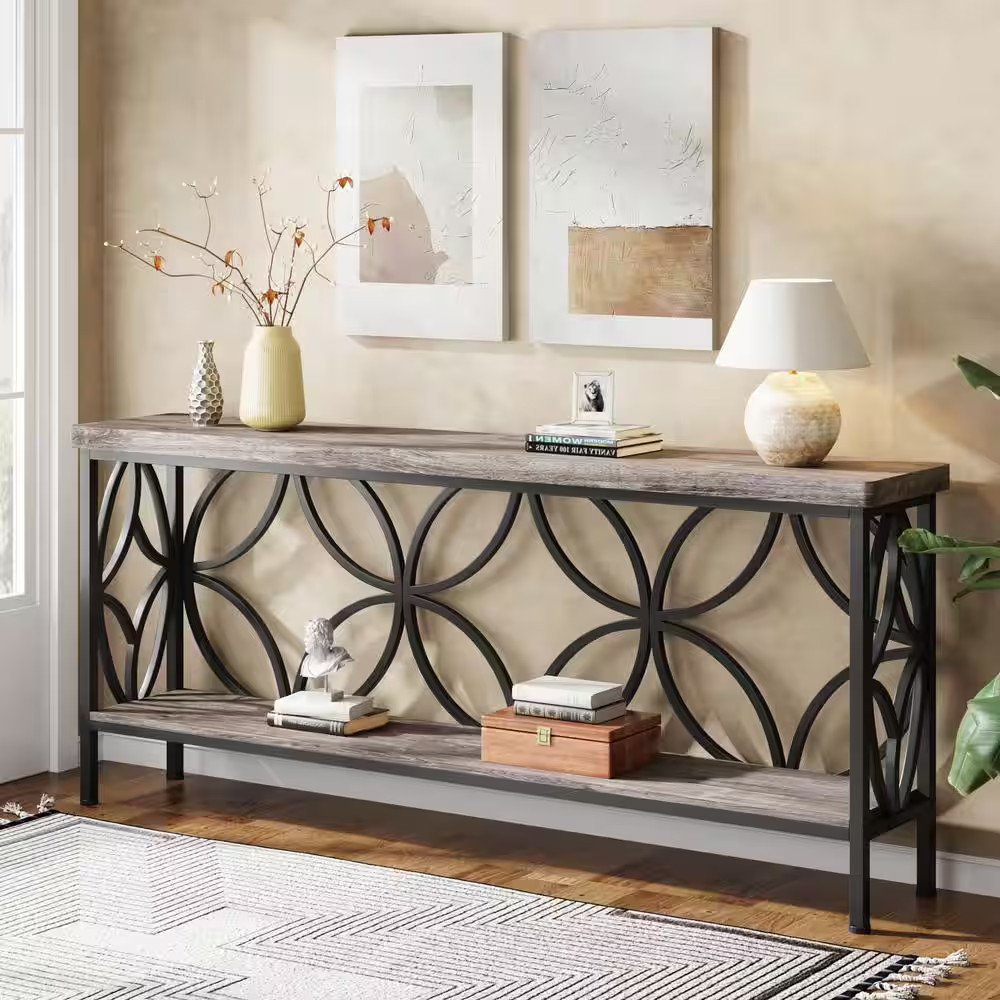 Turrella 70.9 In. Gray Rectangle Engineered Wood Narrow Console Table with Stora