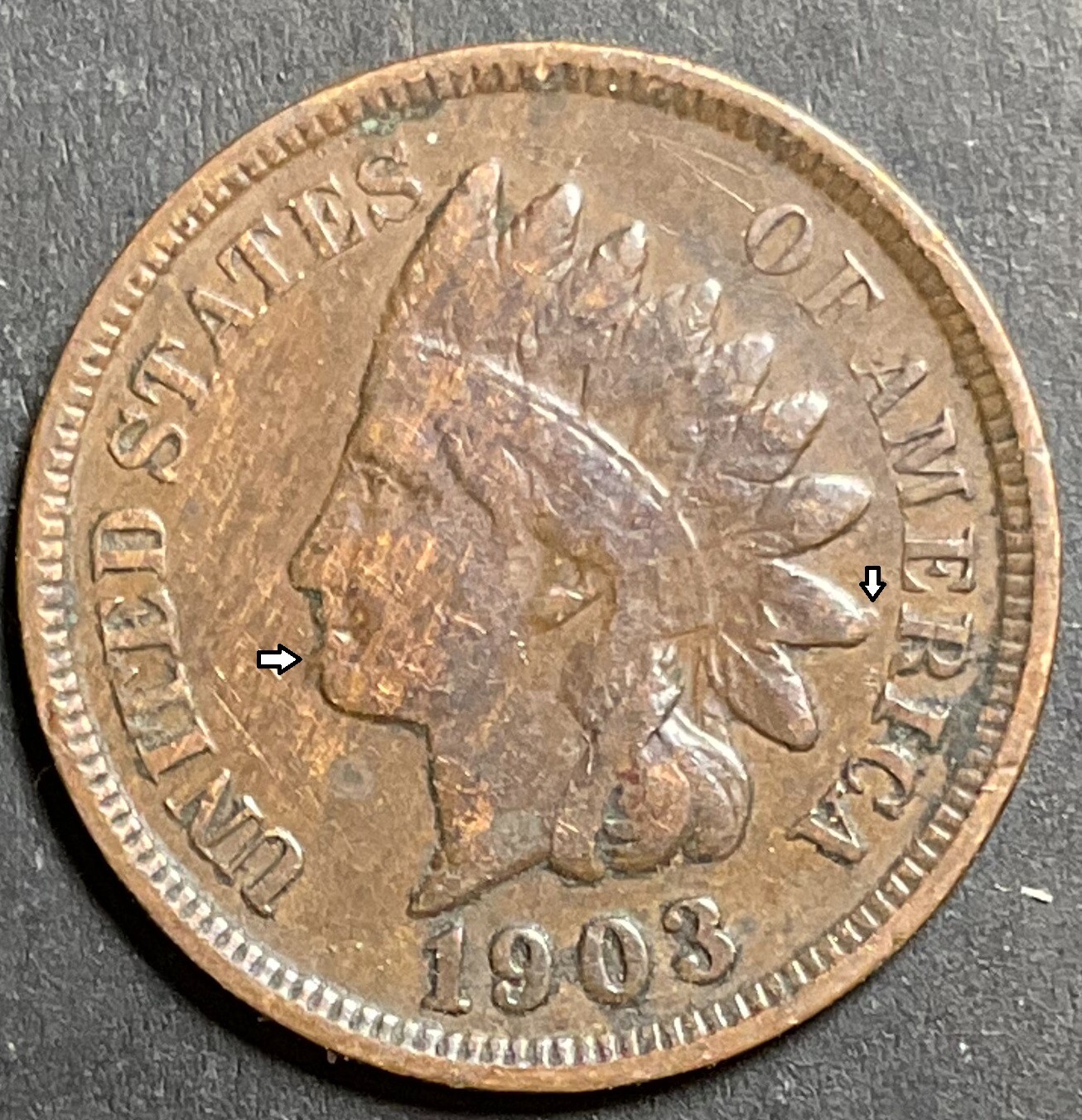 1903 Indian Head Cent "Goatee" Snow 15 Die Break Quality Higher Grade Error i902