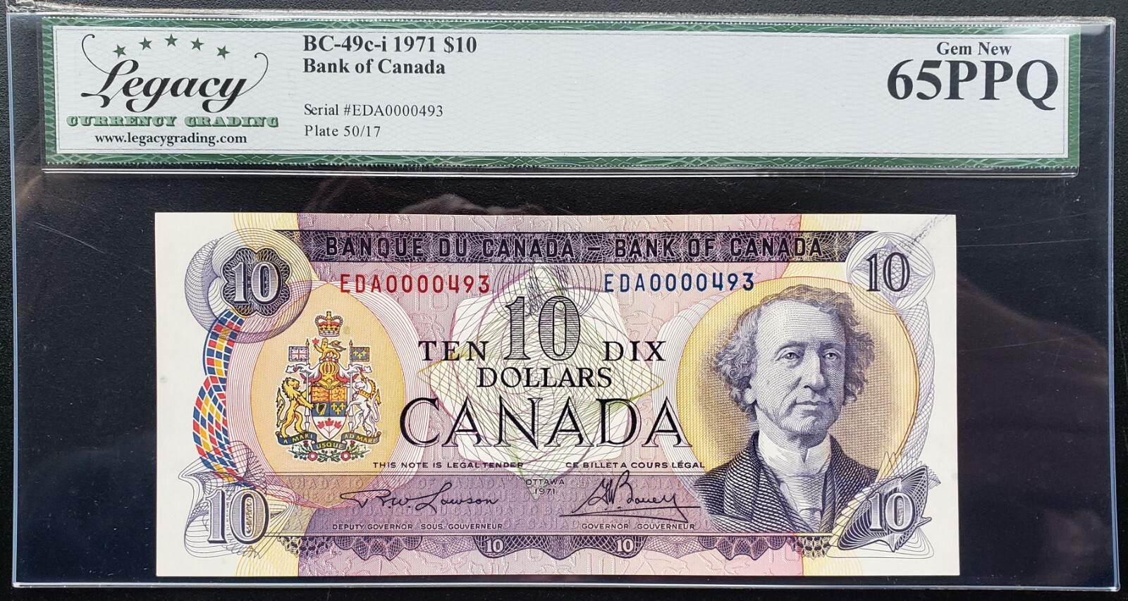 1971 Canada $10 First 3 Letter Prefix Low Serial EDA0000493 GEM UNC65 PPQ BC-49c