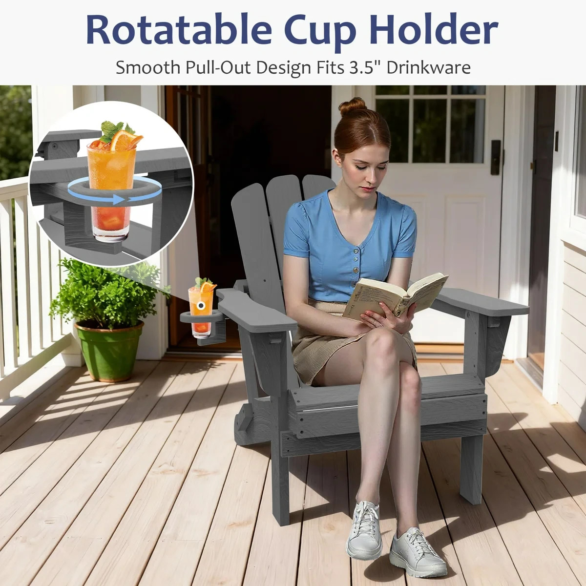 2pcs All-Weather HDPE Folding Adirondack Chair Fire Pit Chair w/Cup Holder,Gray