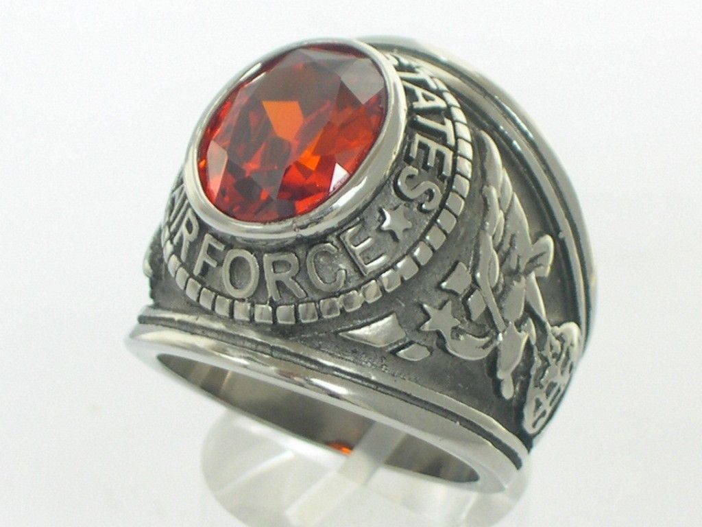 Stainless Steel United States Air Force Military Garnet Stone Men Ring Size 7-15